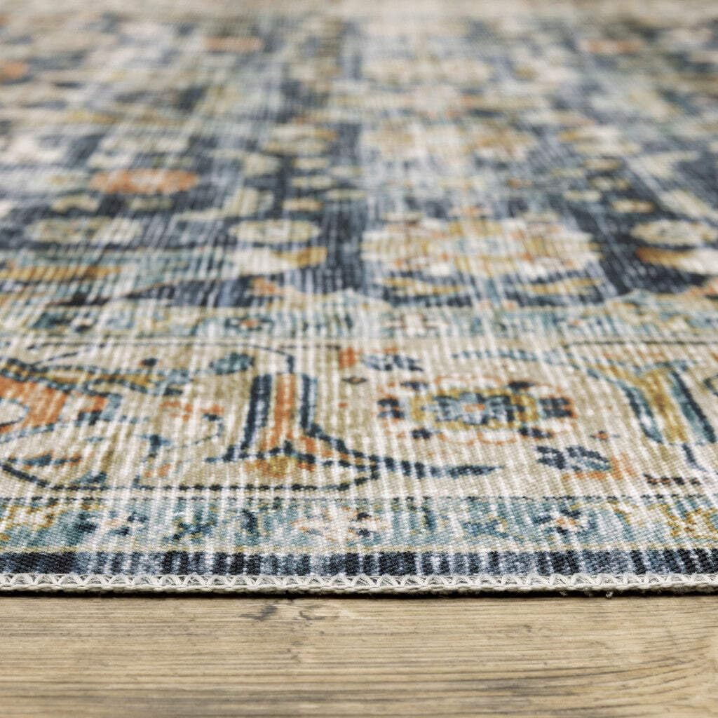 HomeRoots 510385 7 x 10 ft. Blue Gold Rust Ivory & Olive Oriental Printed Stain Resistant Non Skid Rectangle Area Rug