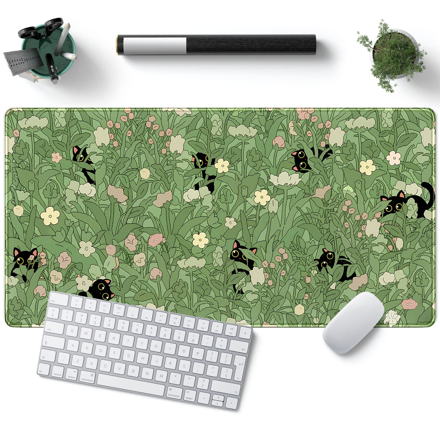 YKJWW Green Desk Mat XL 31.5x15.7in Cat Plant Kawaii Non-Slip Stitched Edges Mouse Pad - B-cat in the Meadow Desk Decor
