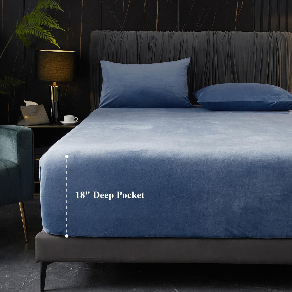 Ivellow Velvet Fitted Sheet King Size, 1 Pack Luxury Blue Velvet Sheets With 18    Extra Deep Pocket King Fitted Sheet Only Extr