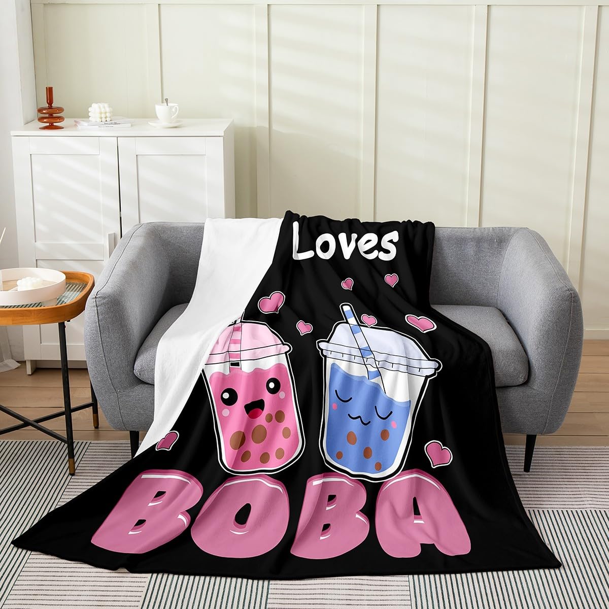 Girl Loves Boba Flannel Fleece Throw Blanket Kids,Cute Cartoon Galaxy Fuzzy Blanket For Bed Sofa Couch,All Season Bed Blanket Br