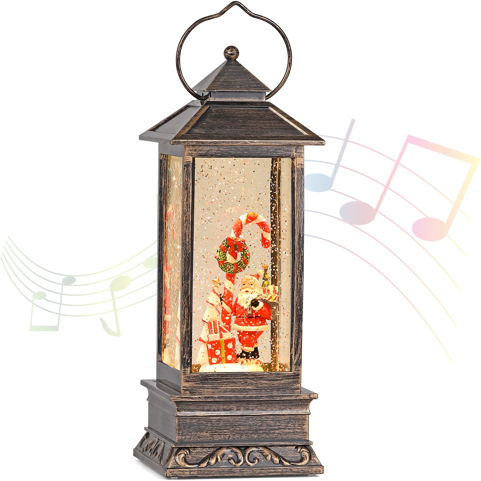 Christmas Musical Snow Globe Lantern, 12 Inch Spinning Glittering Lantern with 6 Hours Timer, USB Powered & Battery Operated for