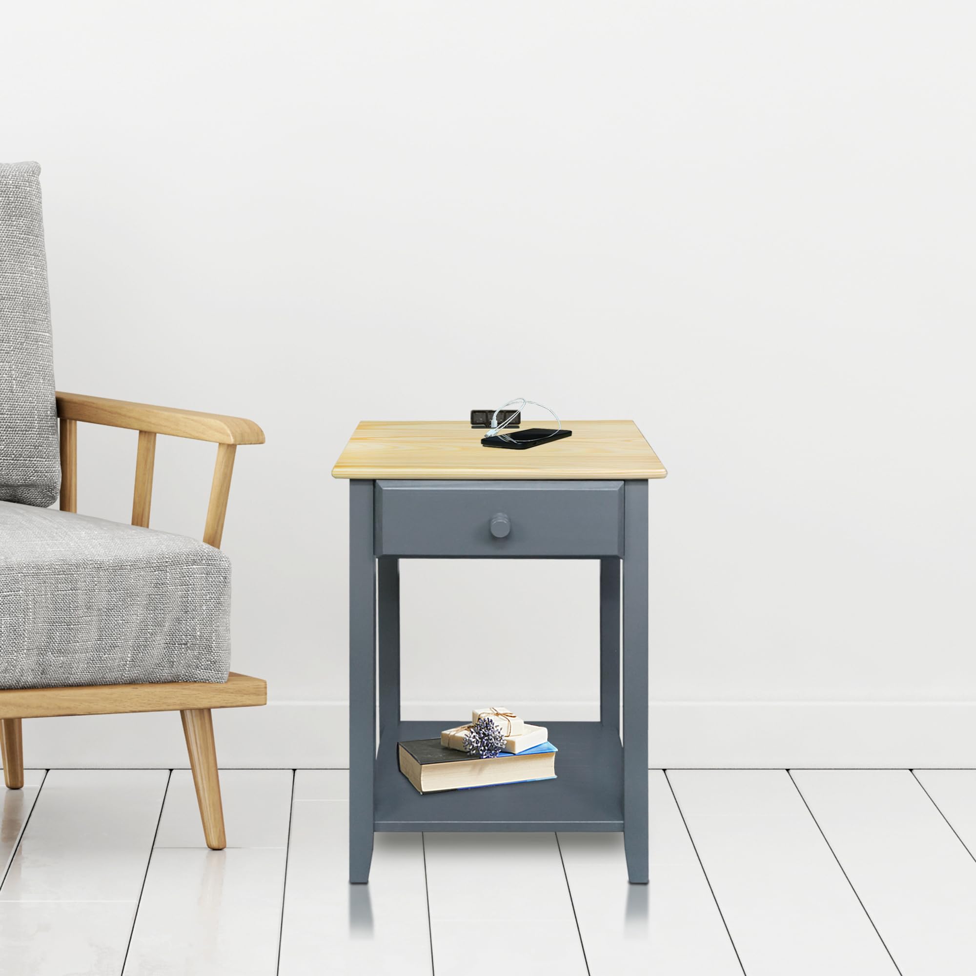 Casual Home Owl White Night Stand with USB Port, 17.5 in x 14.25 in x 24.5 in (W x L x H), Natural/Gray