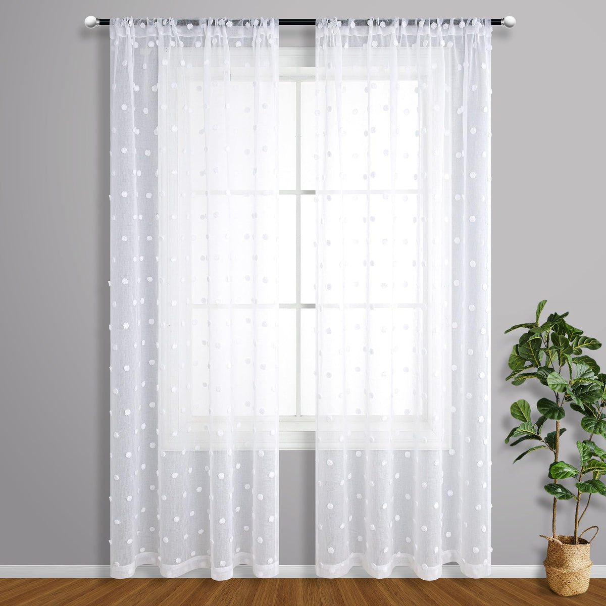White Boho Curtains 96 Inches Long For Living Room Set 2 Panels Pocket Semi Sheer Pretty Crinkle Pom Dot Floral Curtains For Fro
