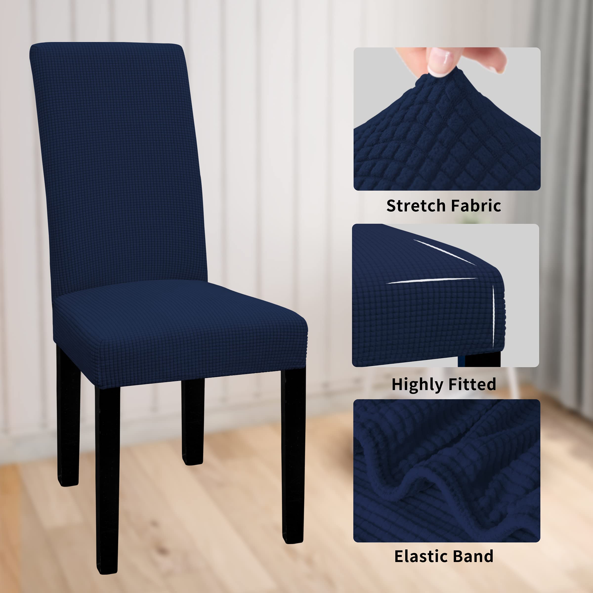 Easy-Going 100% Waterproof Dining Room Chair Cover Set Of 4, Stretch Jacquard Parson Chair Slipcover Removable Washable Chair Protector For Home, Restaurant, Banquet (Large, Navy)