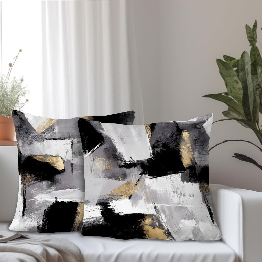Supwhd Black And White Pillow Covers, Abstract White Black And Gold Pillow Covers 24X24 Set Of 2, Modern Black And White Pillow