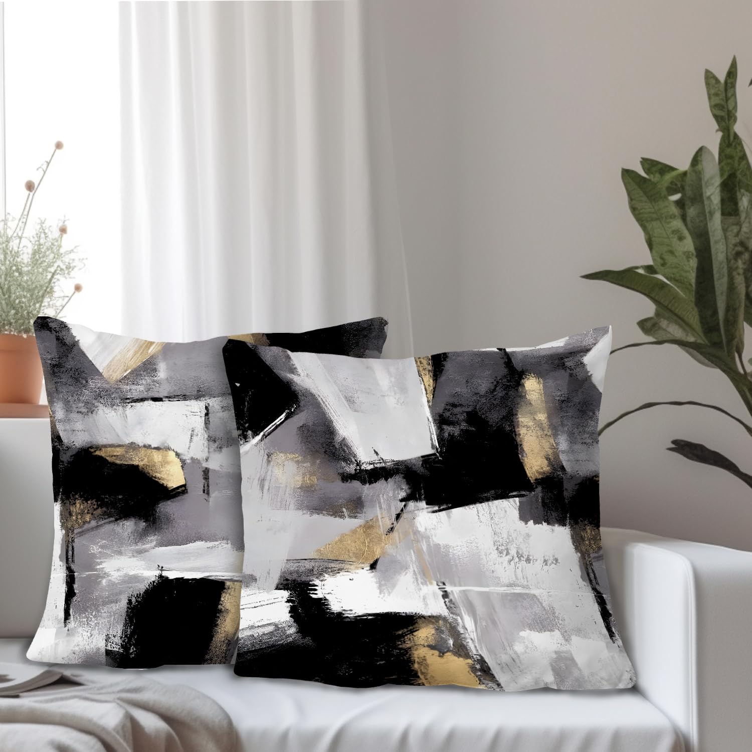 Supwhd Black And White Pillow Covers, Abstract White Black And Gold Pillow Covers 24X24 Set Of 2, Modern Black And White Pillow