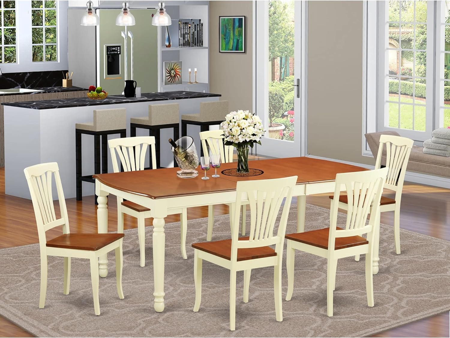 East West Furniture DOAV7-WHI-W 7 Piece Dining Set Consist of a Rectangle Dining Room Table with Butterfly Leaf and 6 Kitchen Chairs, 42x78 Inch, Buttermilk & Cherry