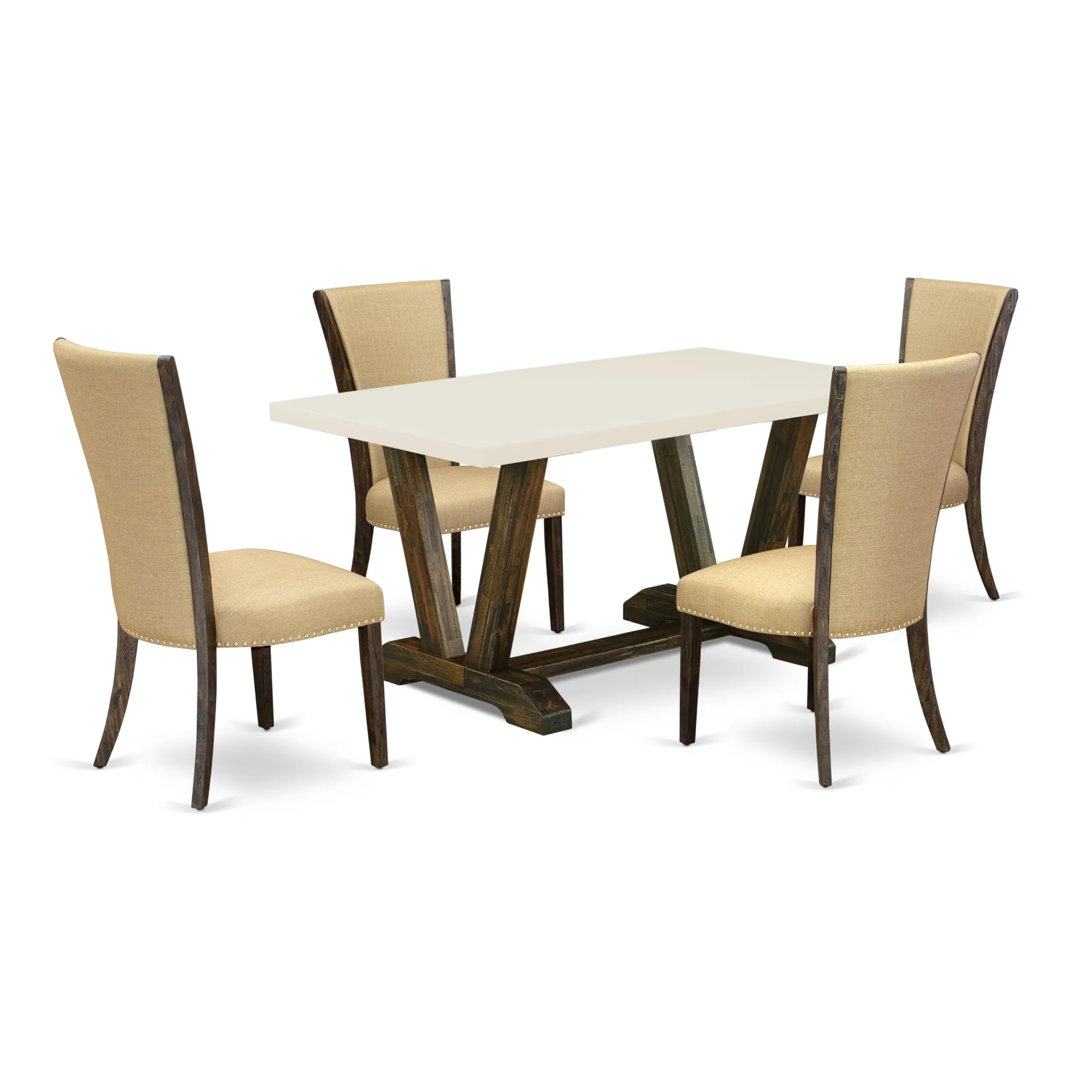 East West Furniture V726Ve703-5 5 Piece Dining Room Table Set Includes A Rectangle Dining Table With V-Legs And 4 Brown Linen Fabric Upholstered Parson Chairs, 36X60 Inch, Multi-Color