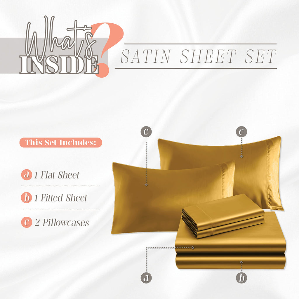 Elegant Comfort Luxurious 4-Piece Silky Satin Sheet Set, Skin And Hair Friendly, Wrinkle, Fade, Stain Resistant With Deep Pockets Fitted Sheet, Cooling Soft Satin Sheet Set, Full, Gold