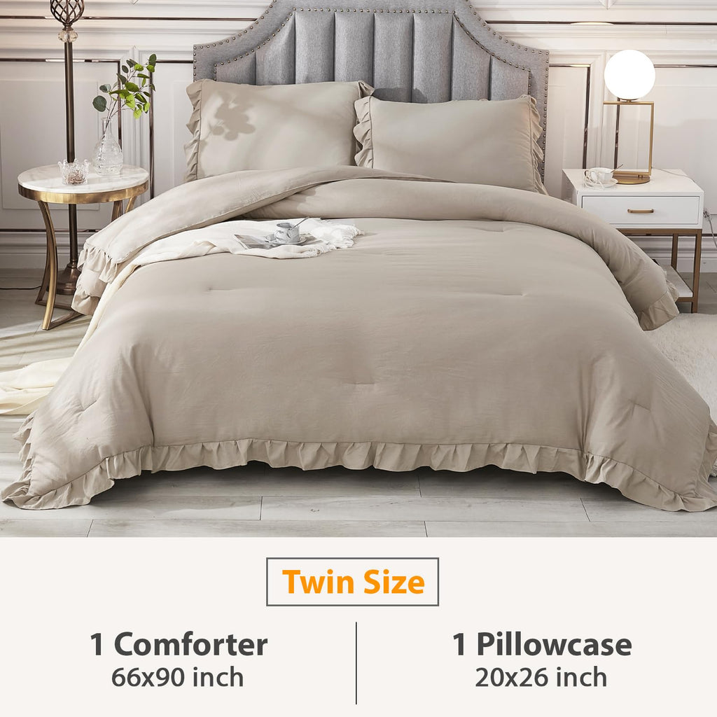 Andency Wheat Ruffle Comforter Set, 2 Pieces Kids Comforter Set Twin(66X90Inch), Farmhouse Shabby Chic Comforter Set, Soft Microfiber Kids Bedding Set