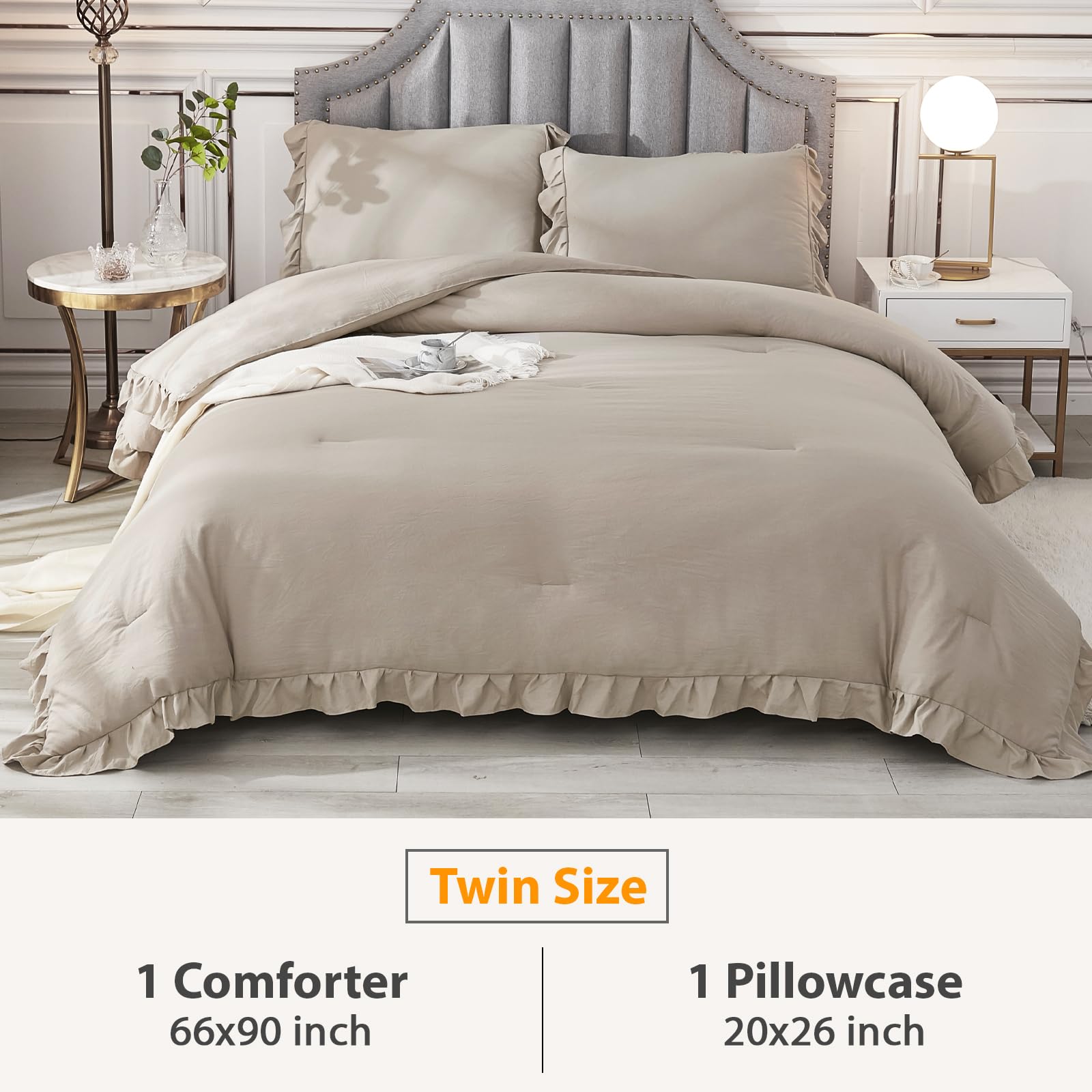Andency Wheat Ruffle Comforter Set, 2 Pieces Kids Comforter Set Twin(66X90Inch), Farmhouse Shabby Chic Comforter Set, Soft Microfiber Kids Bedding Set