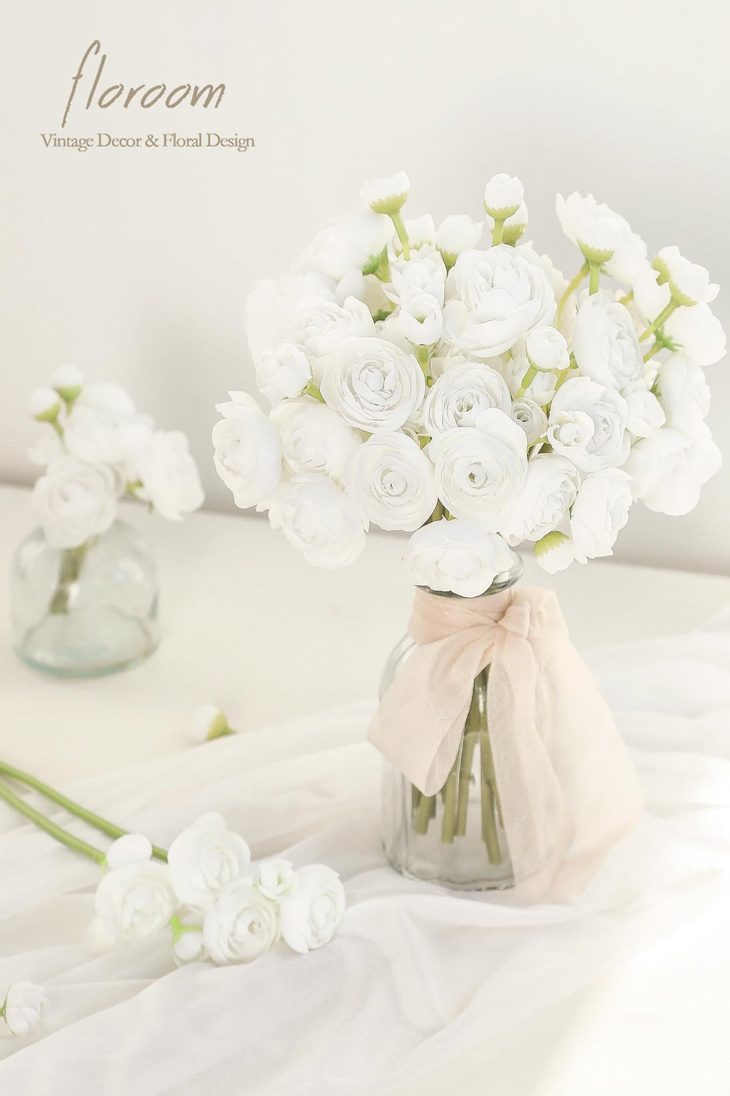 Floroom Ranunculus Artificial Flowers 18 Pcs White Faux Silk Mini Ranunculus Bulk Fake Wedding Filler Flowers For Diy Bouquets,