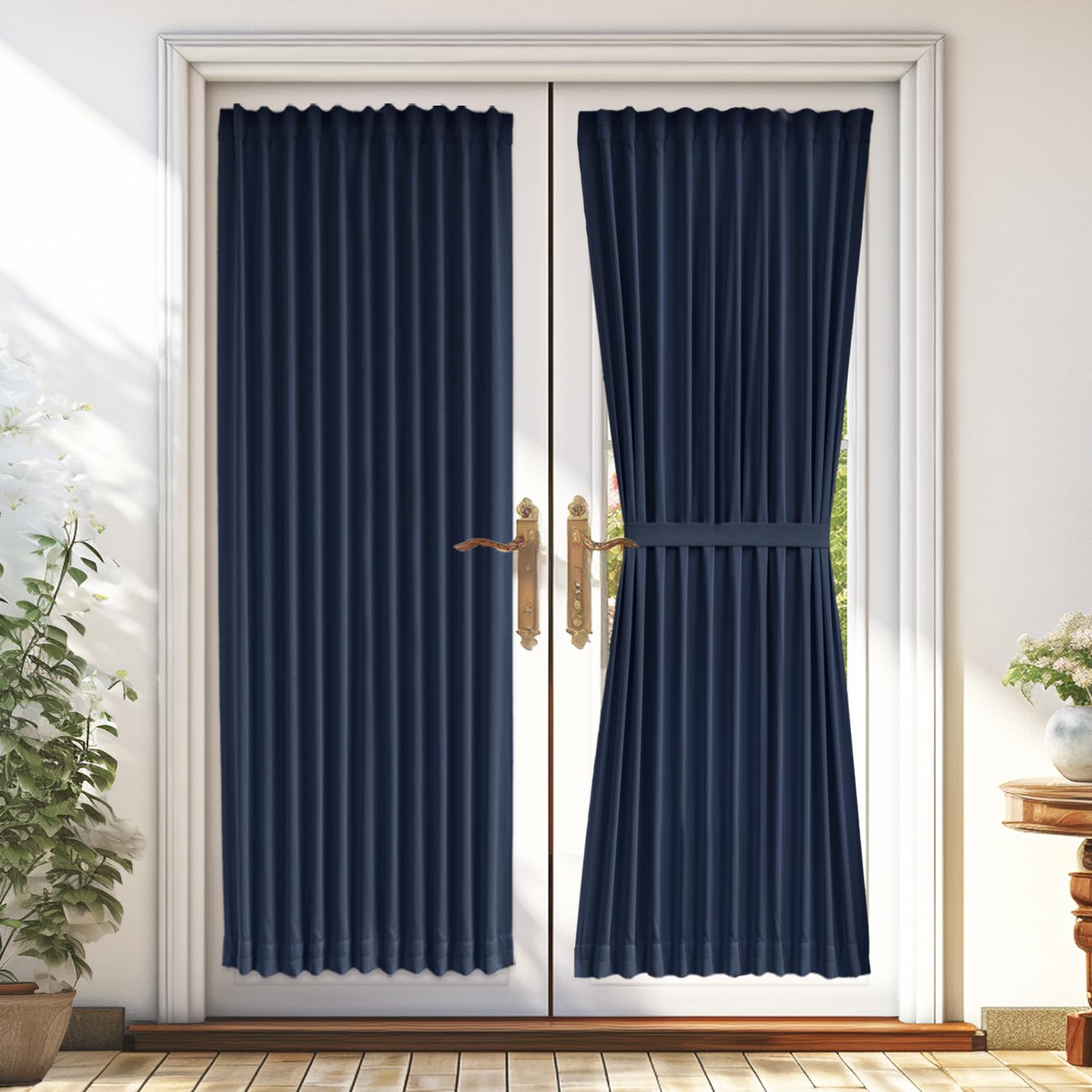 Vatge Navy Blue French Door Curtain Panel for Front Door - Dual Rod Pocket Drapes for Living Room Glass Door, 1 Panel, W54 x L72