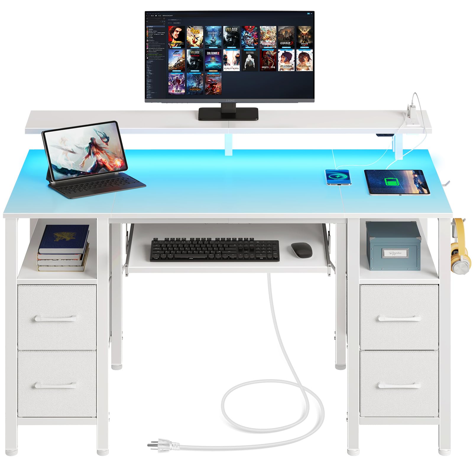 Seventable Computer Desk 47.2' With Led Lights & Power Outlets, Home Office Desk With 4 Drawers, Writing Desk With Keyboard Tray, Study De Sk With Monitor Stand, Work D Esk For Home Office, White