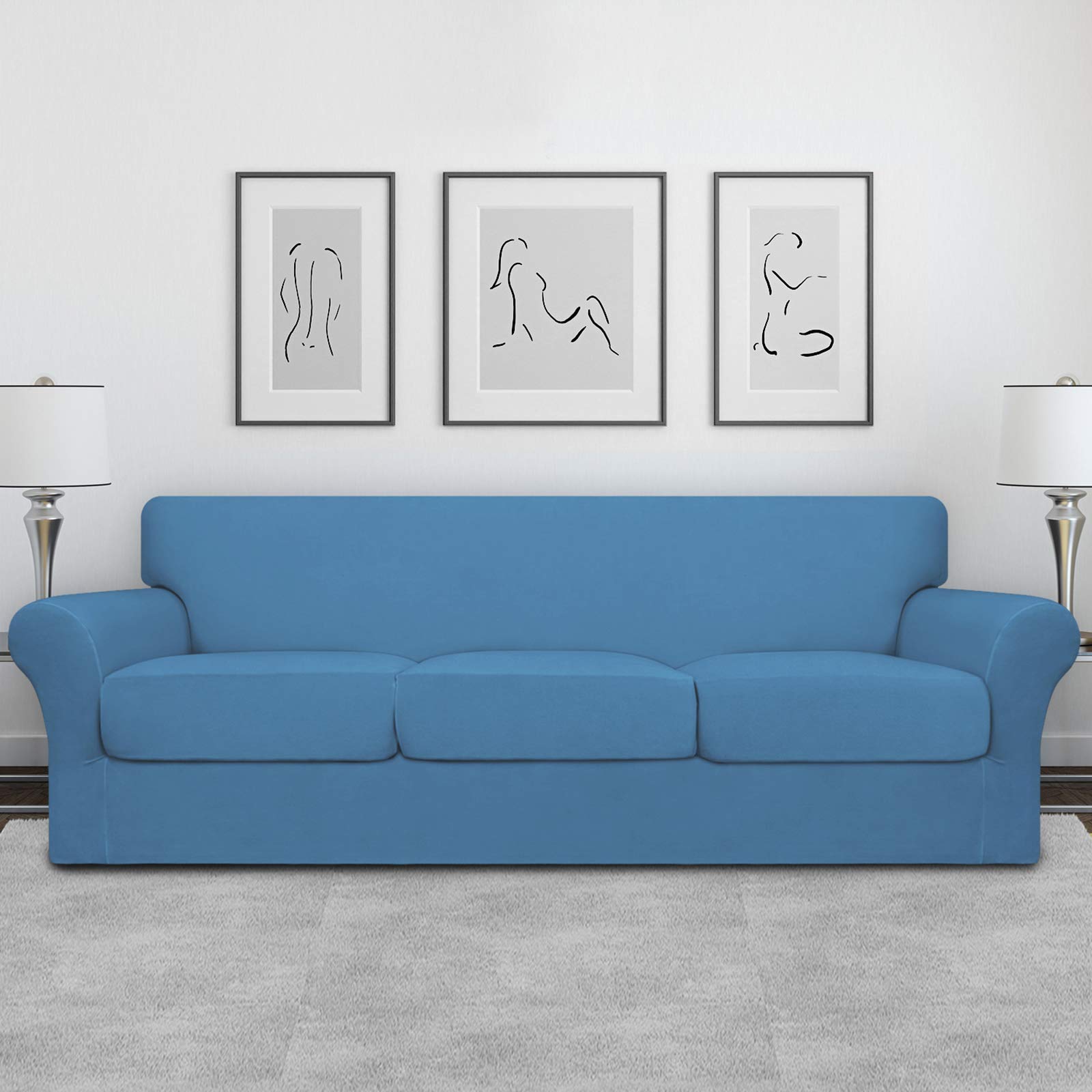 Easy-Going 4 Pieces Oversized Stretch Soft Couch Cover For Dogs - Washable Sofa Slipcover For 3 Separate Cushion Couch - Elastic Furniture Protector For Pets, Kids Light Blue