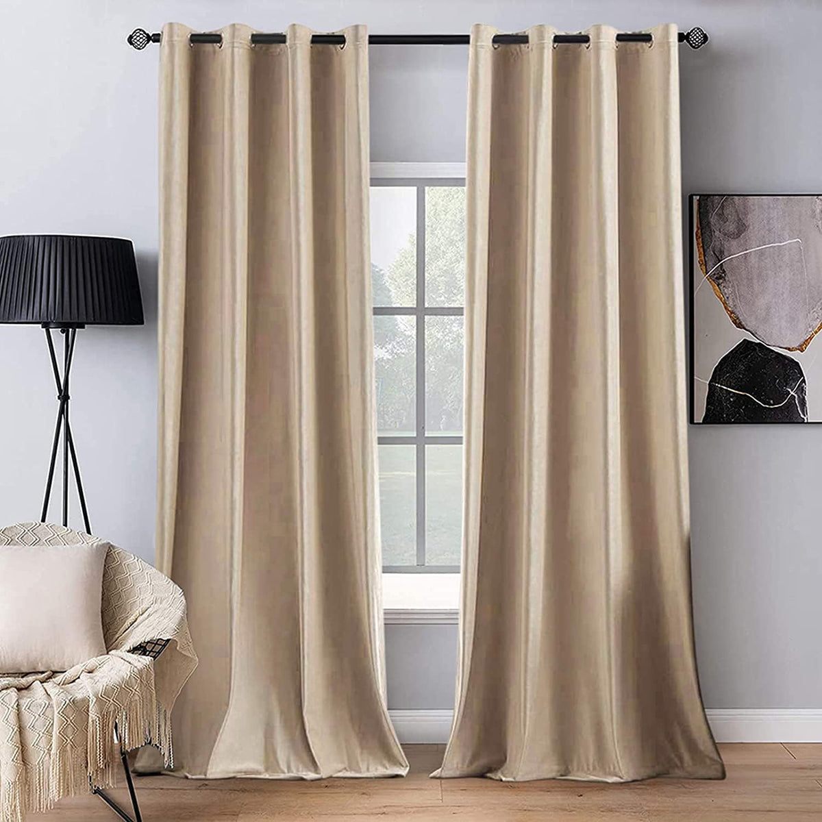 Miulee 2 Panels Blackout Velvet Curtains Solid Soft Grommet Camel Beige Curtains Black Out Thermal Insulated Soundproof Room Dar