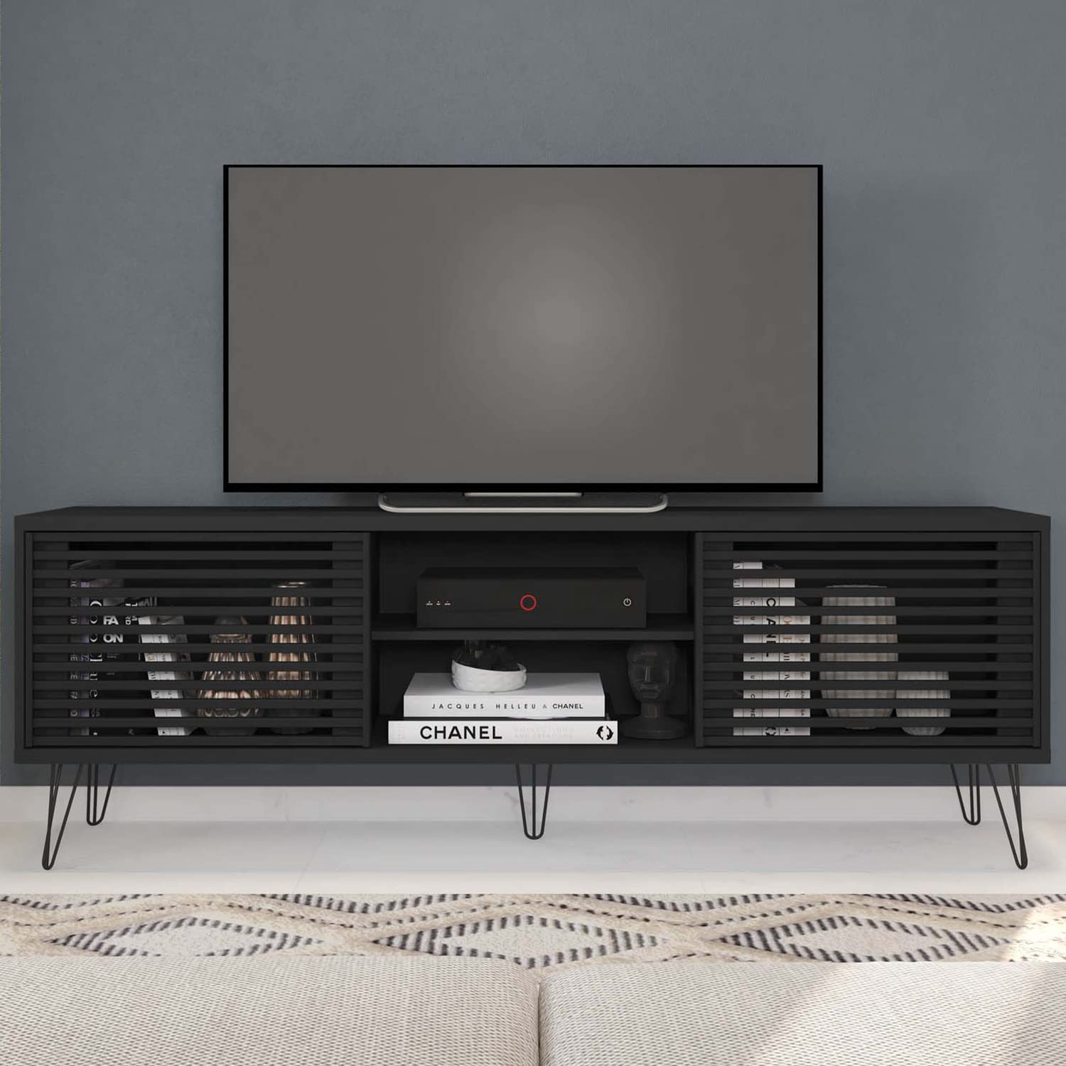 Better Home Products Frizz Mid-Century Modern TV Stand for up to 70 Inches TV in Black/Easy Assembly