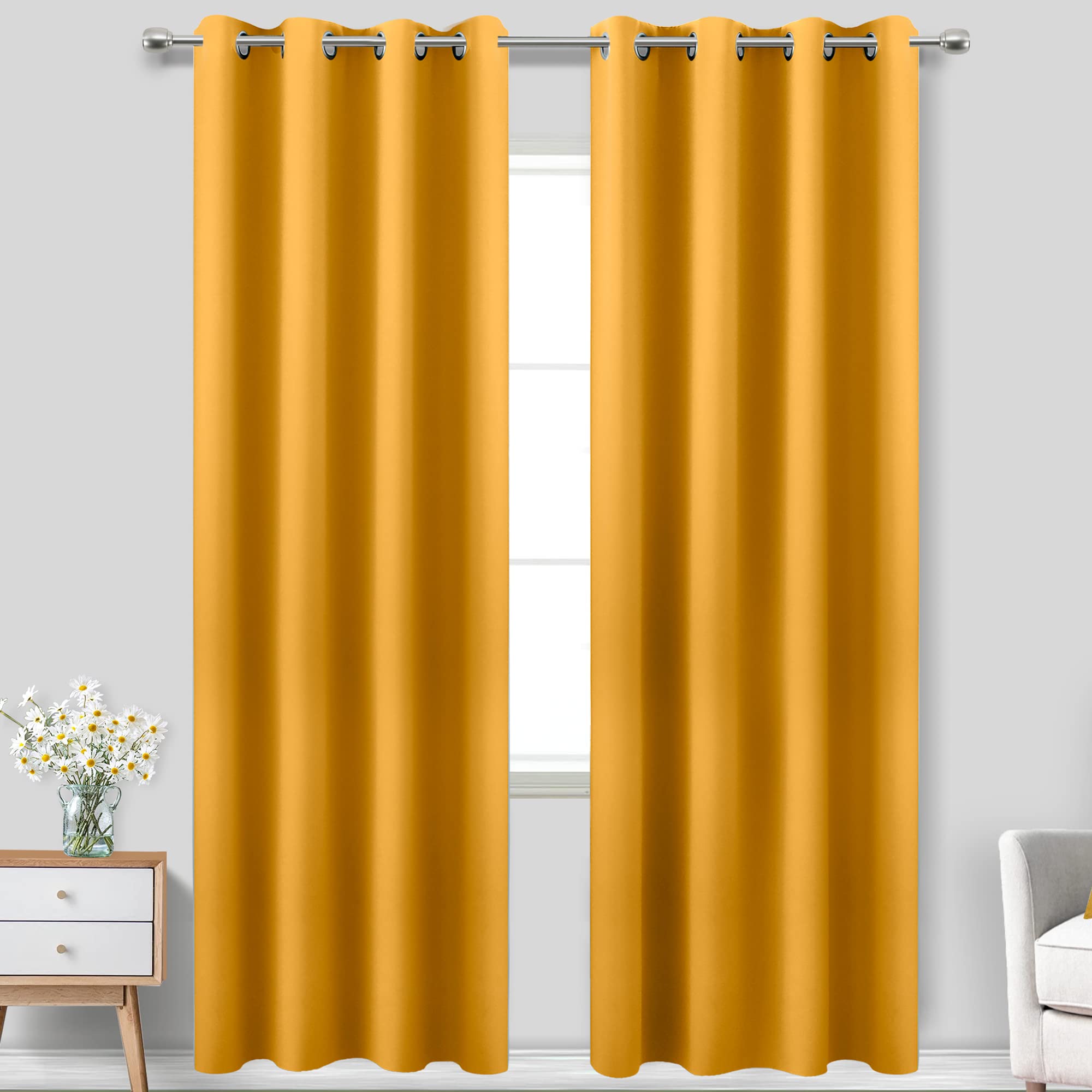 KOUFALL Yellow Curtains 96 Inches Long for Living Room Pair Set of 2 Panels Grommet Room Darkening Blackout Window Curtains for 