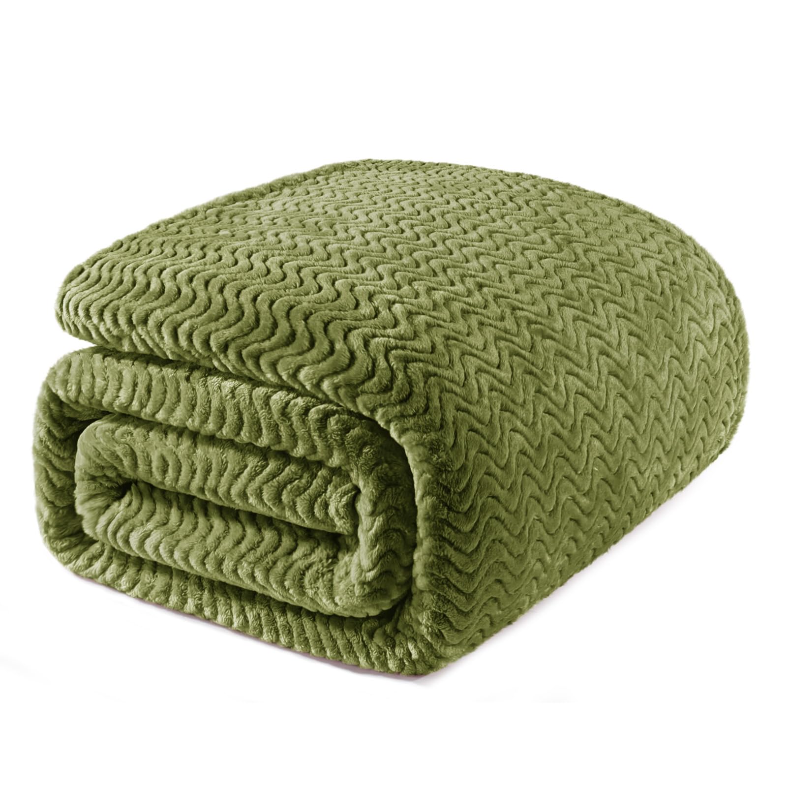 Exclusivo Mezcla Olive Green Fleece Queen Size Blanket For Bed, Super Soft Cozy Blankets With Decorative Wave Textured, Lightwei