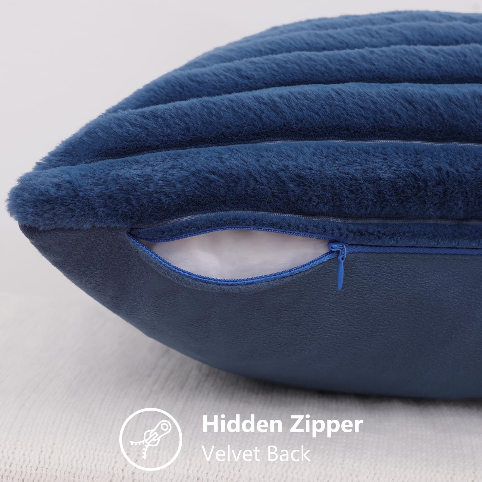 Decoruhome Faux Fur Throw Pillow Covers 16X16 Set Of 2, Decorative Soft Plush Striped Couch Pillow Covers With Velvet Back For Sofa, Bed, Living Room, Blue