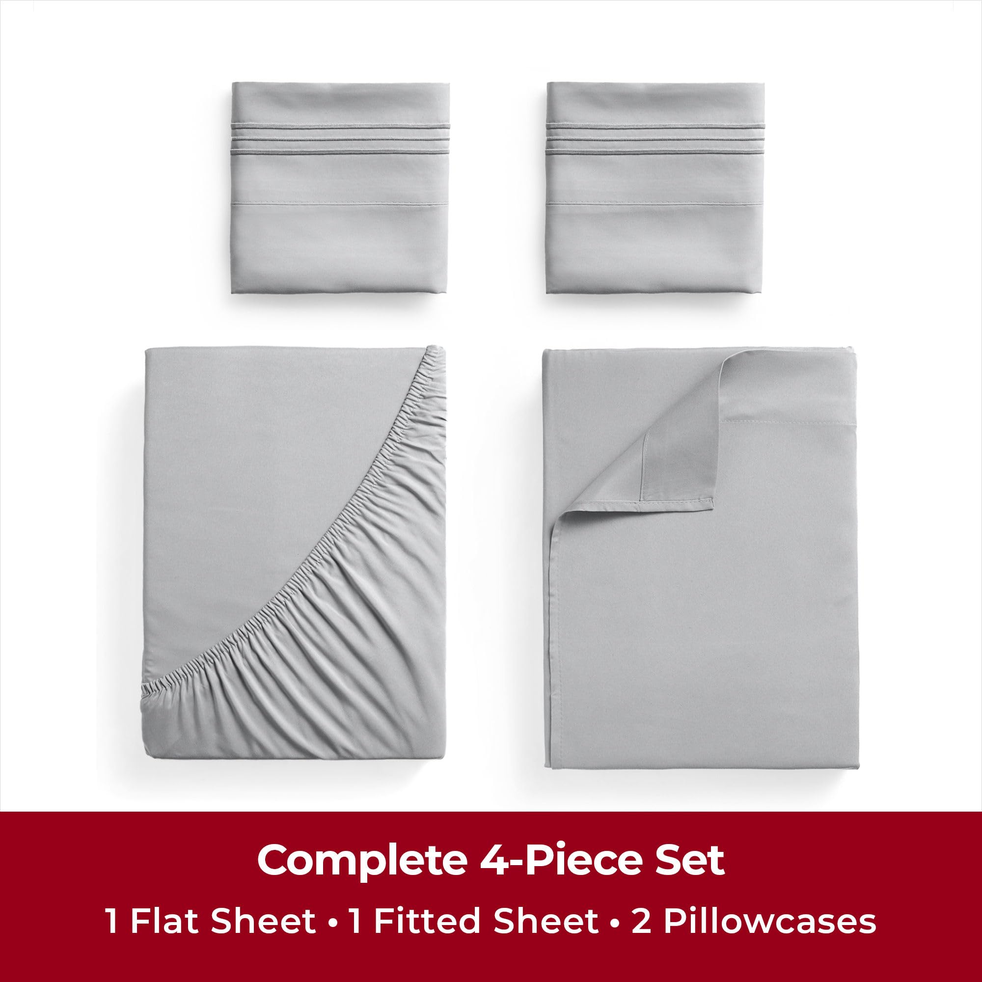 Mellanni Twin Sheet Set - 4-Piece Iconic Collection Bedding, (Including 2 Pillowcases), 16-Inch Deep Pocket, Easy Care, Extra Soft, Cooling Sheets, Brushed Microfiber - Light Gray