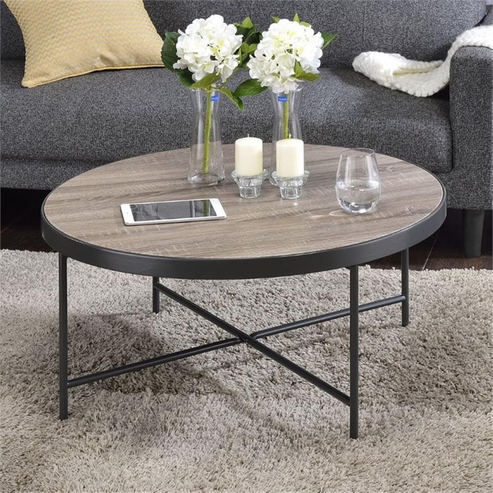 Acme Bage Round Wood Top Coffee Table In Weathered Gray Oak