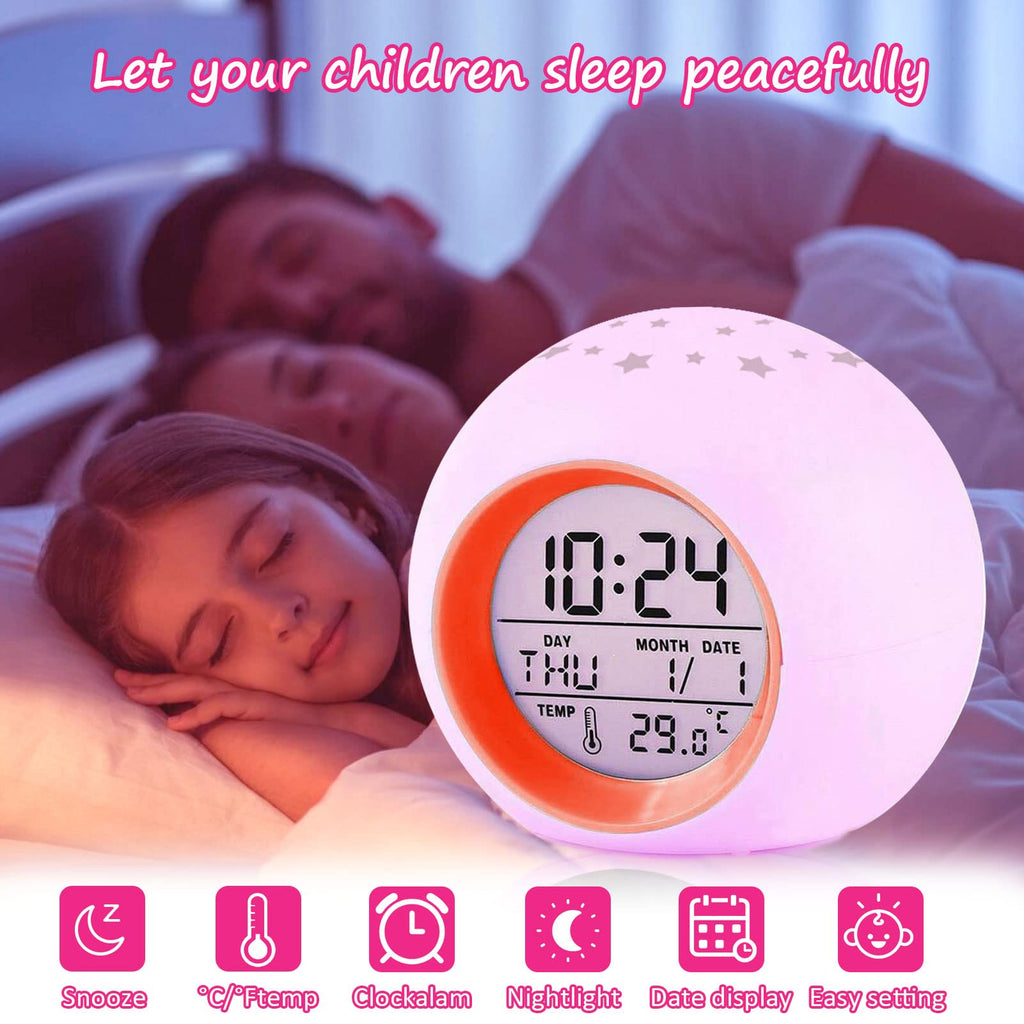 Kids Alarm Clock,Moon Stars Projector 7 Color Night Light, Children Sleep Trainer Alarm Clock, Kids Wake Up Light Alarm Clock Ai