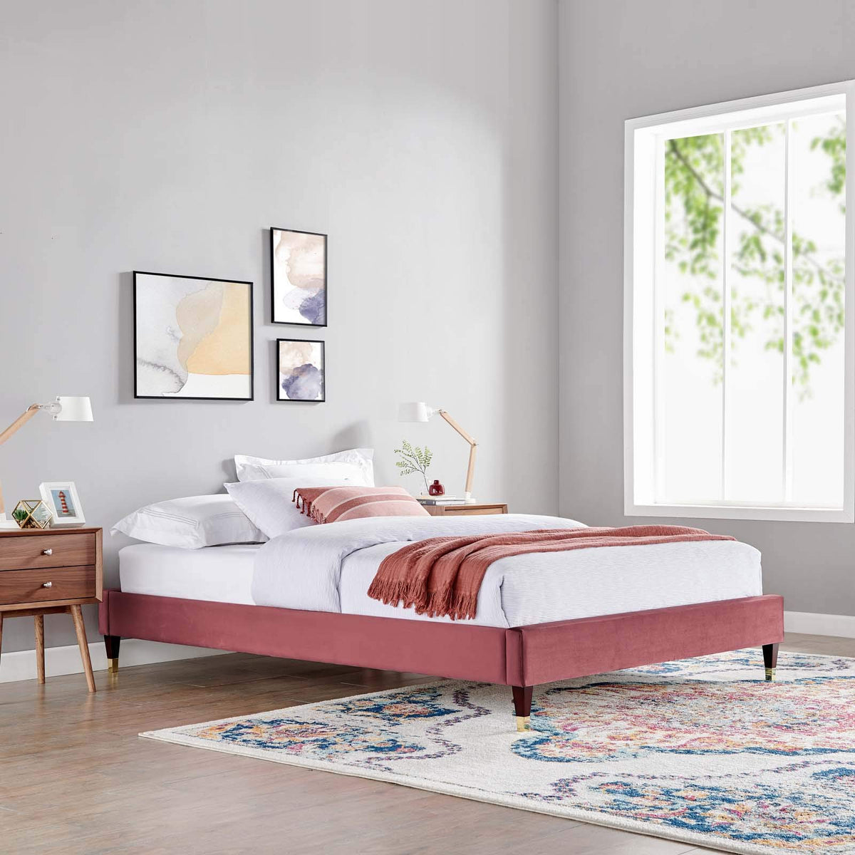 Modway Mod-6268-Dus Harlow Twin Performance Velvet Platform Bed Frame, Dusty Rose