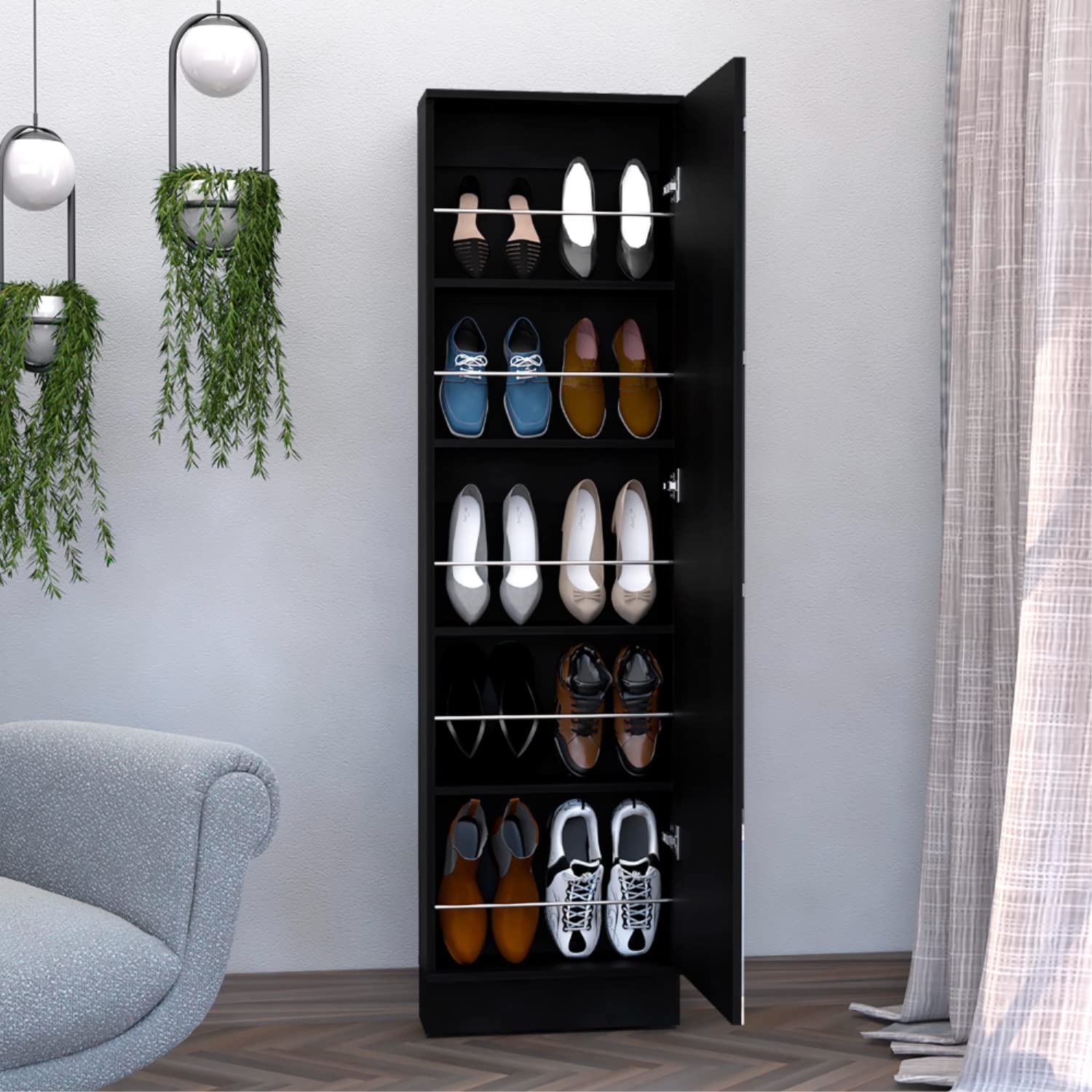 Shoe Rack 67&Quot; H, 5 Internal Storage Shelves, A Mirror, A Door, Approximate Capacity Of 10 Pairs Of Shoes, Black