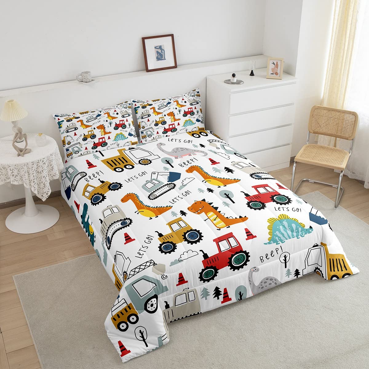 Feelyou Construction Comforter Set Kids Cartoon Dinosaur Comforter Cover Set For Boys Equipment Trucks Bedding Set Construction