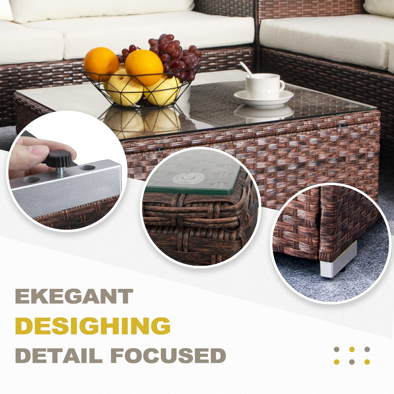 Outdoor Coffee Table For Patio Table Wicker Patio Coffee Table Lawn Garden Rattan Small Coffee Table With Glass Top All-Weather, 25.2In Mixed Brown