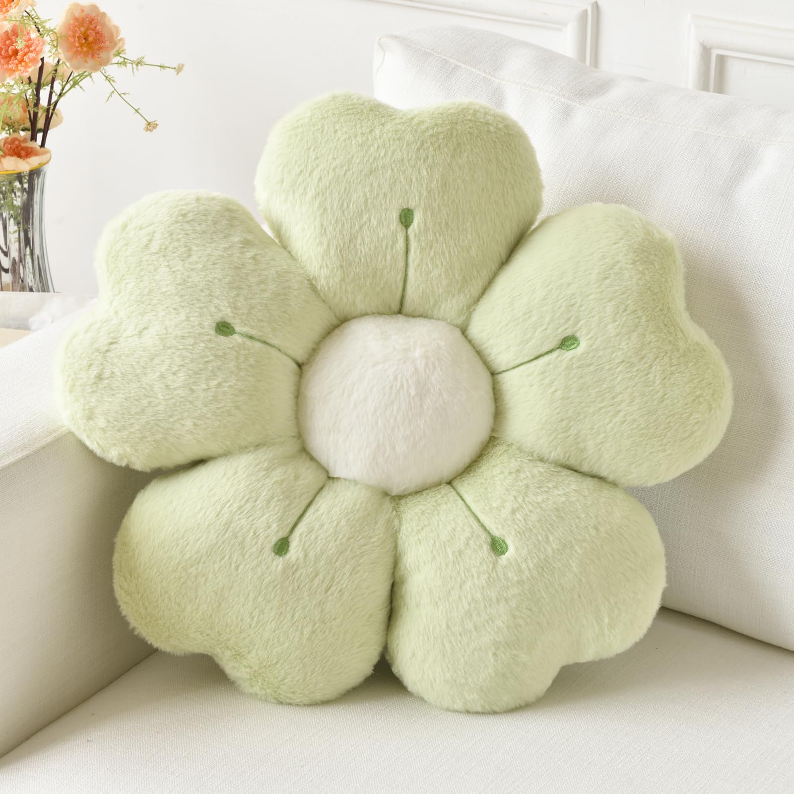 Ddliury Flower Pillow, Flower Shaped Pillow Decorative Throw Pillows For Bed Couch, Cute Daisy Pillow Dorm Decor Floor Seating Cushion (Green, 15 Inches)