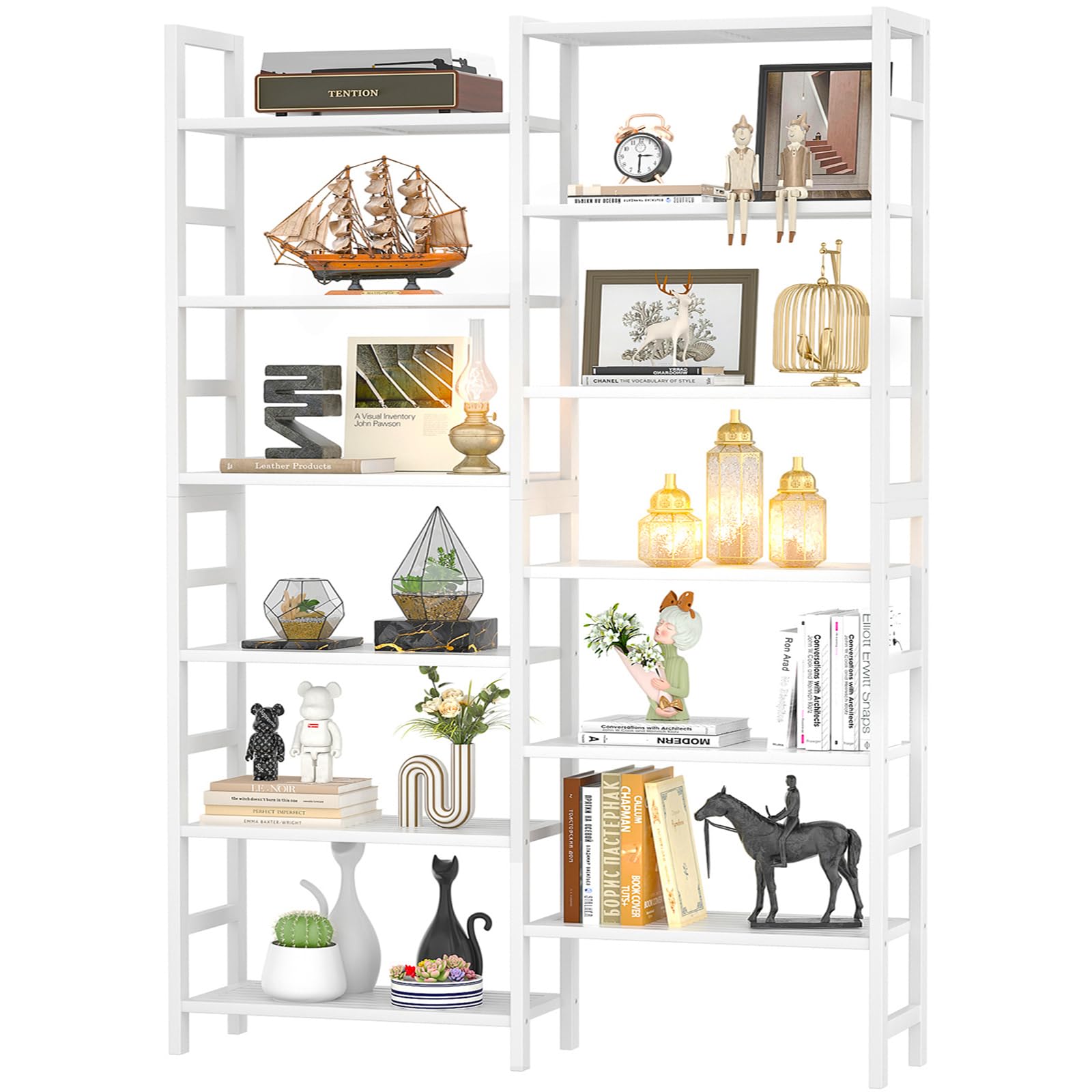 Homykic Double Wide Bamboo Bookshelf White, 6-Tier Large Open Bookcase With 12 Display Shelves, 6Ft Tall Freestanding Book Shelf For Home Office, Bedroom, Living Room, Plants
