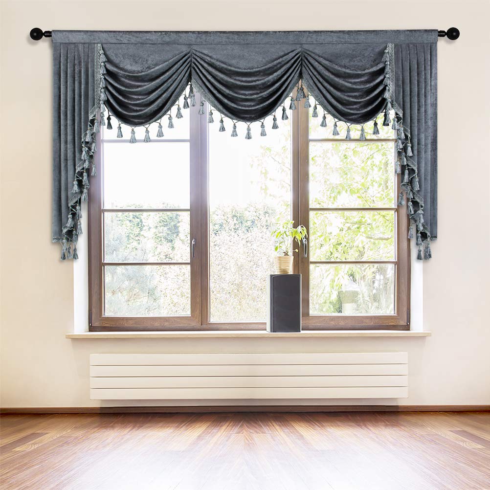 Elkca Grey Chenille Window Curtains Valance For Living Room Waterfall Valance For Bedroom, Window Treatment,Rod Pocket(W98Inch,