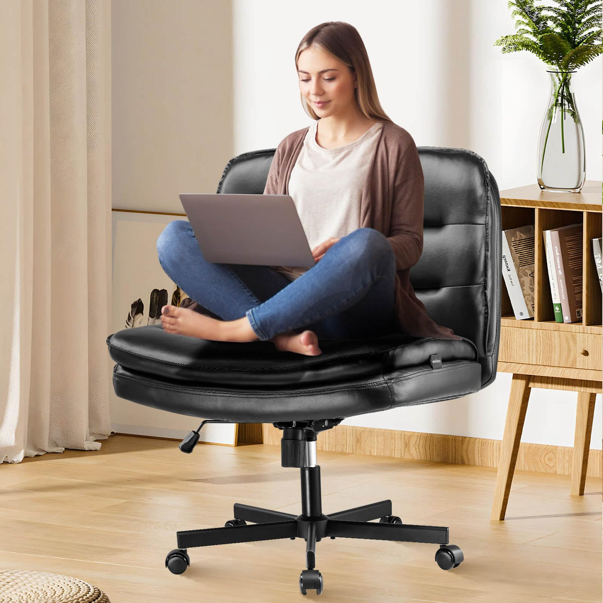 Gtracing Criss Cross Chair With Wheels, Extra Wide Armless Comfy Desk Chair For Home Office Bed Room, 2 Layer Cushion Large Seat
