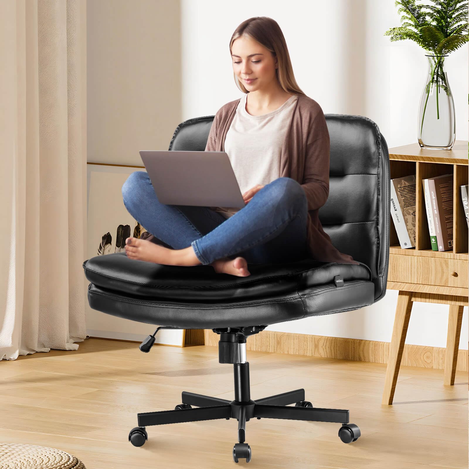 Gtracing Criss Cross Chair With Wheels, Extra Wide Armless Comfy Desk Chair For Home Office Bed Room, 2 Layer Cushion Large Seat