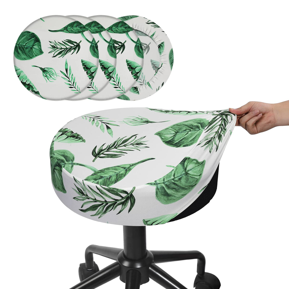Buyue 4 Pcs Bar Stool Covers, Luxury Dia.14-16' Round Cotton Feeling Printing Stretchy Washable Dustproof Stool Seat Slipcover, M-4 Counts- Green Leaf Printed