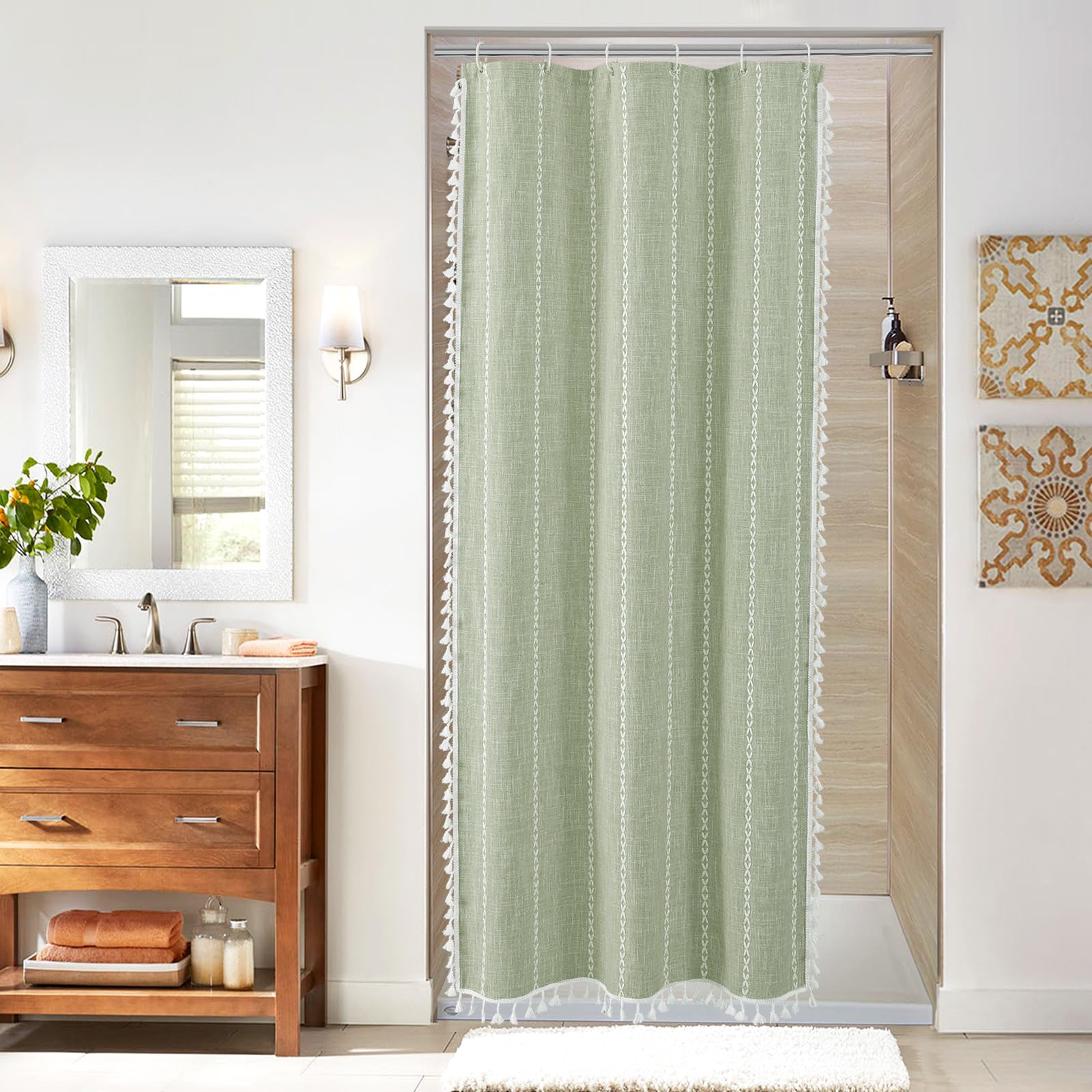Mitovilla Boho Small Stall Fabric Shower Curtain 36 X 72, Sage Green Half Size Narrow Cotton Linen Tassel Cloth Shower Curtains