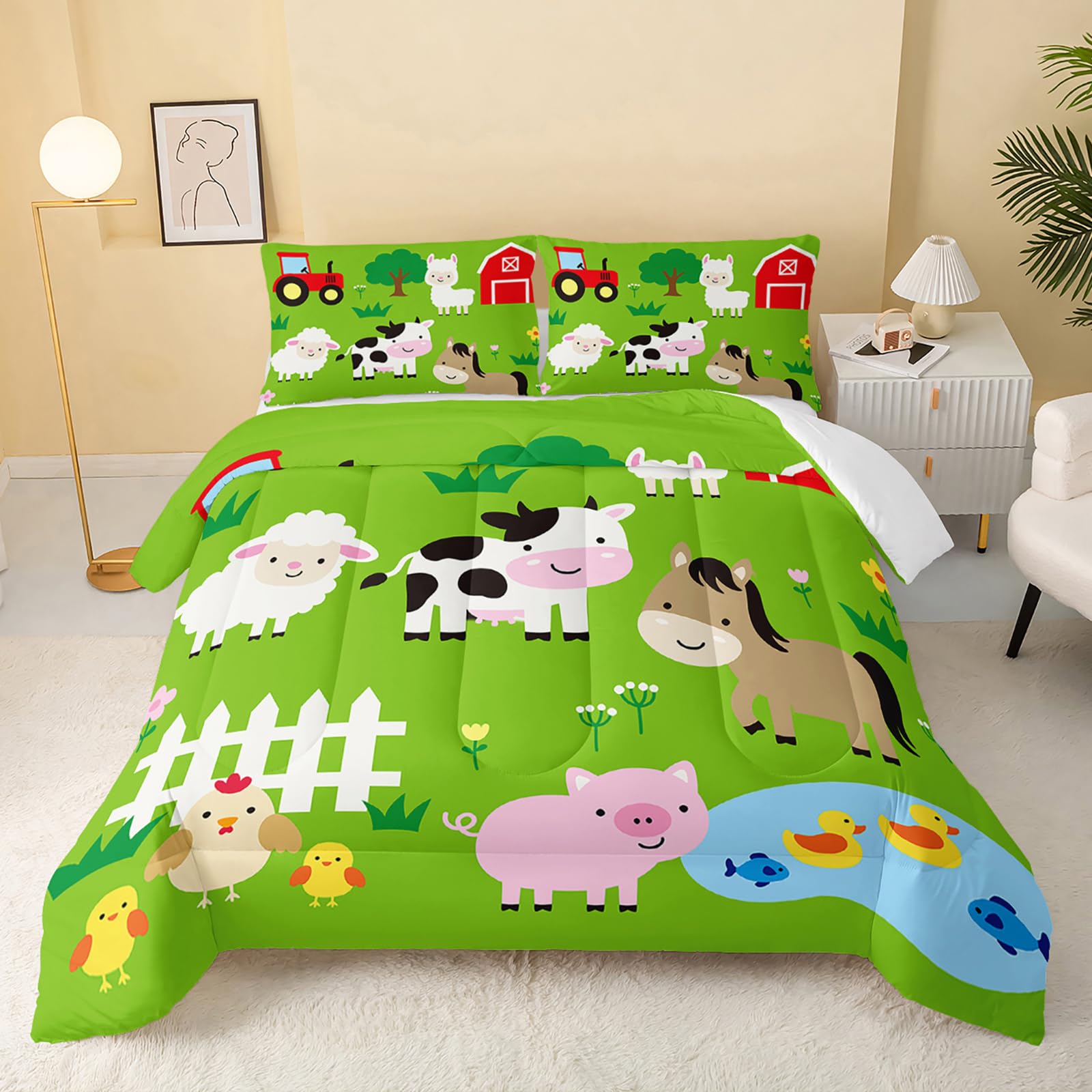 Qoomo Farm Animal Comforter,Pig Cow Sheep Comforter Set For Kids Teens Girls Boys,3Pcs Bedding Set Printed Comforter With 2 Pill