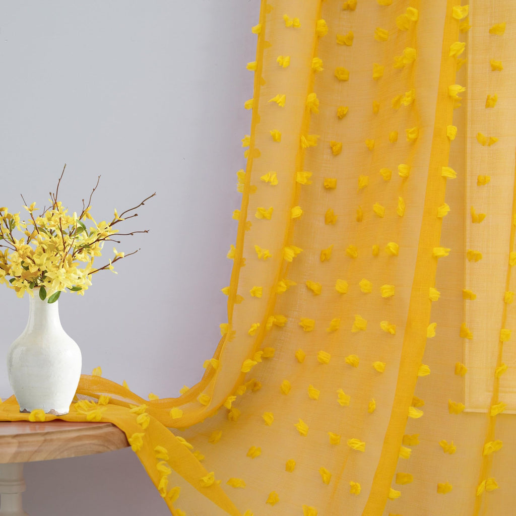 Mustard Yellow Sheer Curtains 84 Inch Length 2 Panels For Spring Living Dining Room Bedroom Boho Farmhouse Gold Semi Sheer Pom P