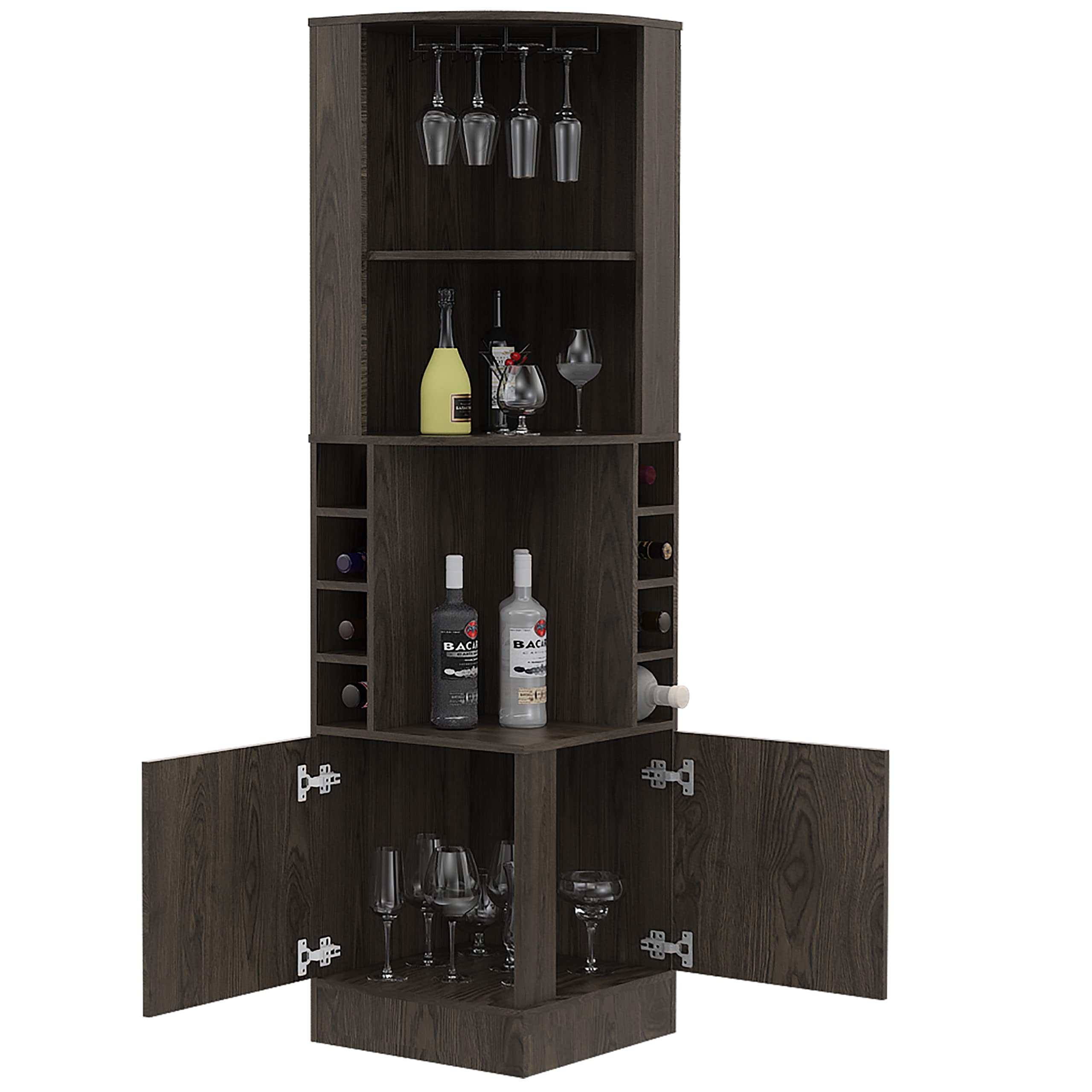 DEPOT E-SHOP Egina Corner Bar Cabinet with Two External Shelves, 71.1&quot; H, Dark Walnut, Living Room