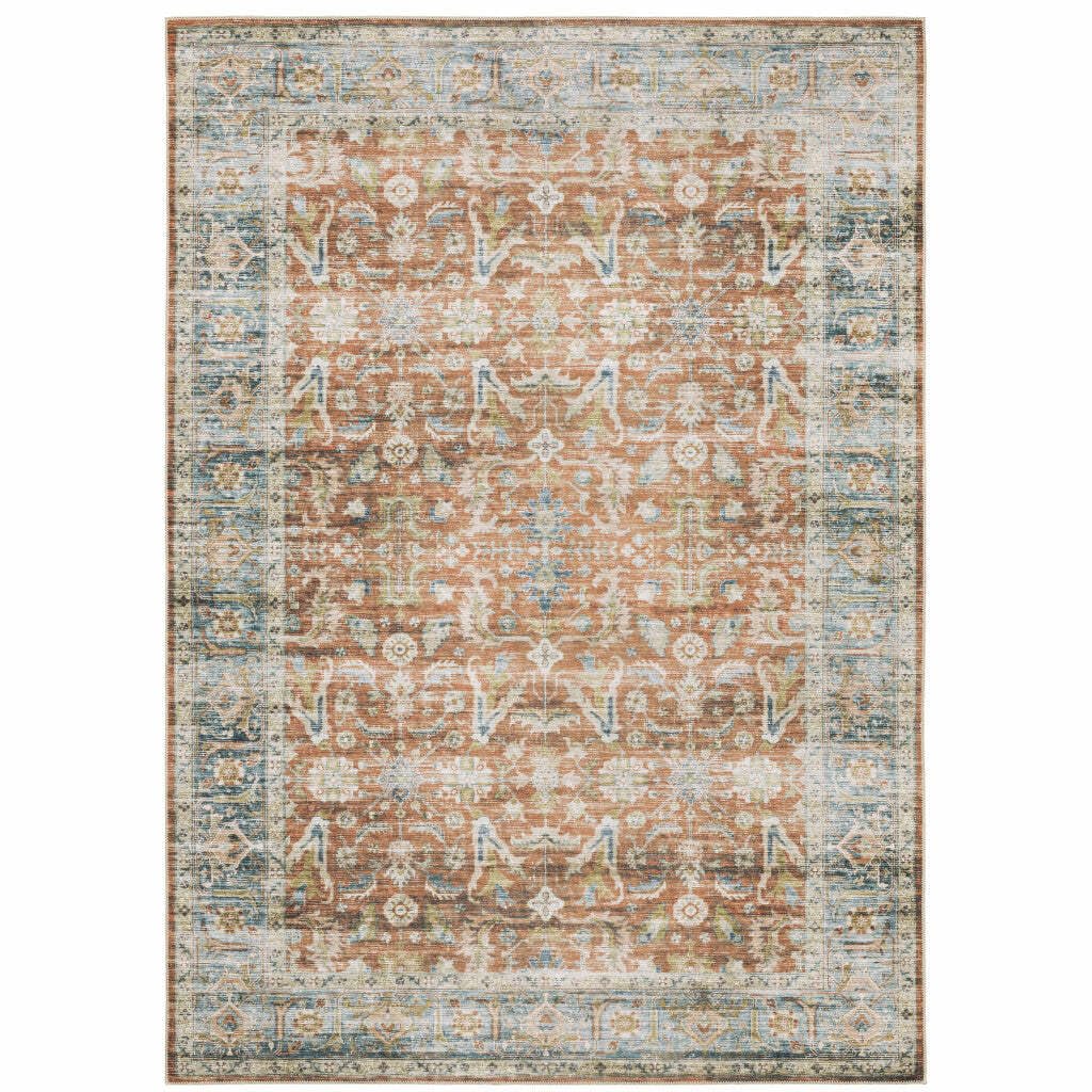 HomeRoots 510380 7 x 10 ft. Rust Blue Ivory & Gold Oriental Printed Stain Resistant Non Skid Rectangle Area Rug