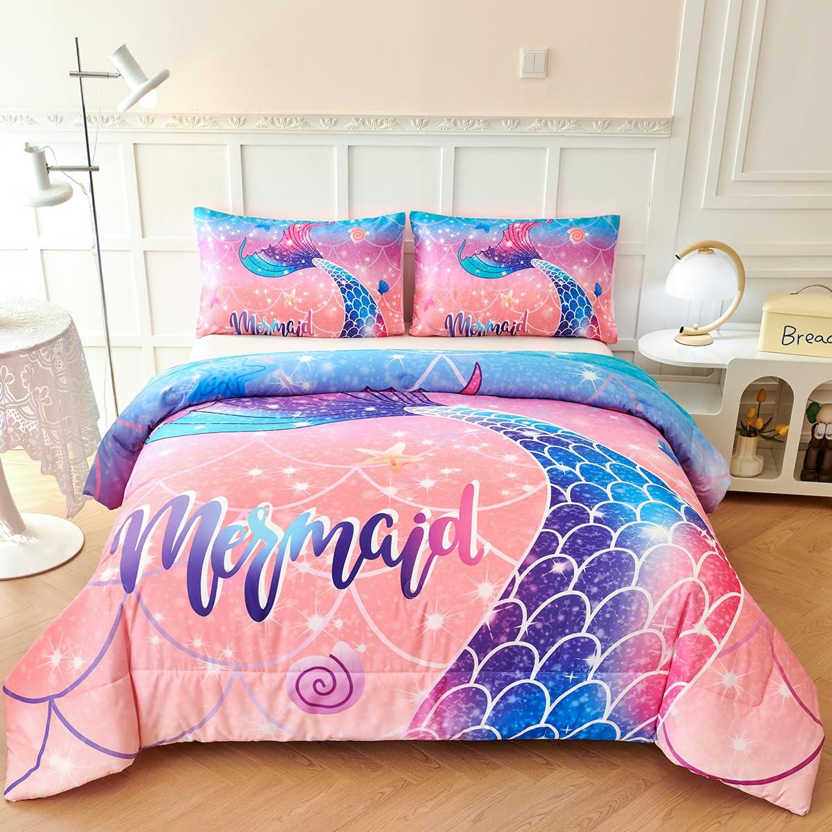 Zrnbast 3 Pcs Mermaid Girls Comforter Set Twin Coral Blue Gradient Glitter Bedding Sets For Girls Soft Ocean Fish Tail Bed Comfo