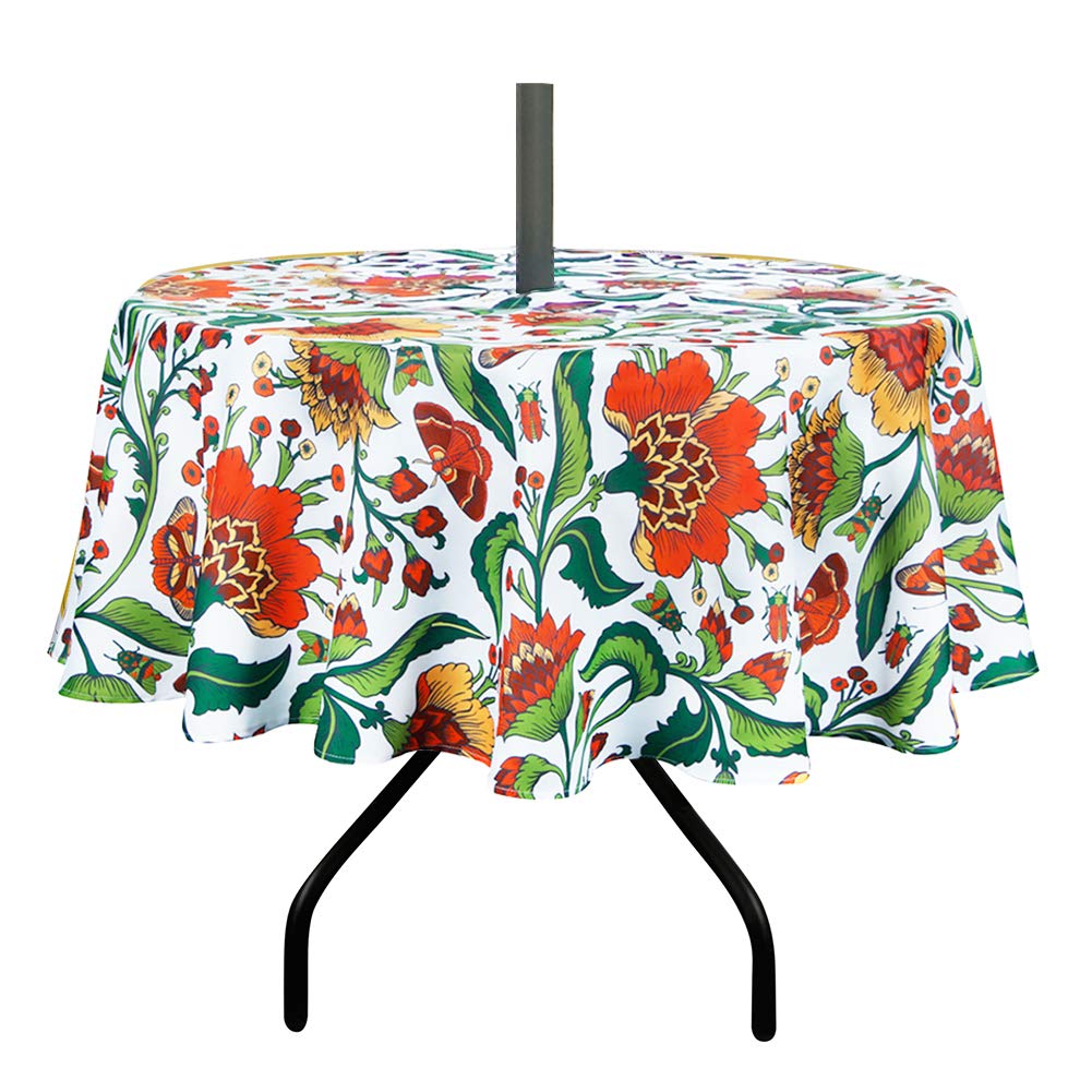 Colorbird Outdoor 60 Inch Round Tablecloth With Umbrella Hole And Zipper,Waterproof Patio Table Cloth,Red Flower Spring/Summer Table Covers For Backyard Circular Table/Party/Picnic