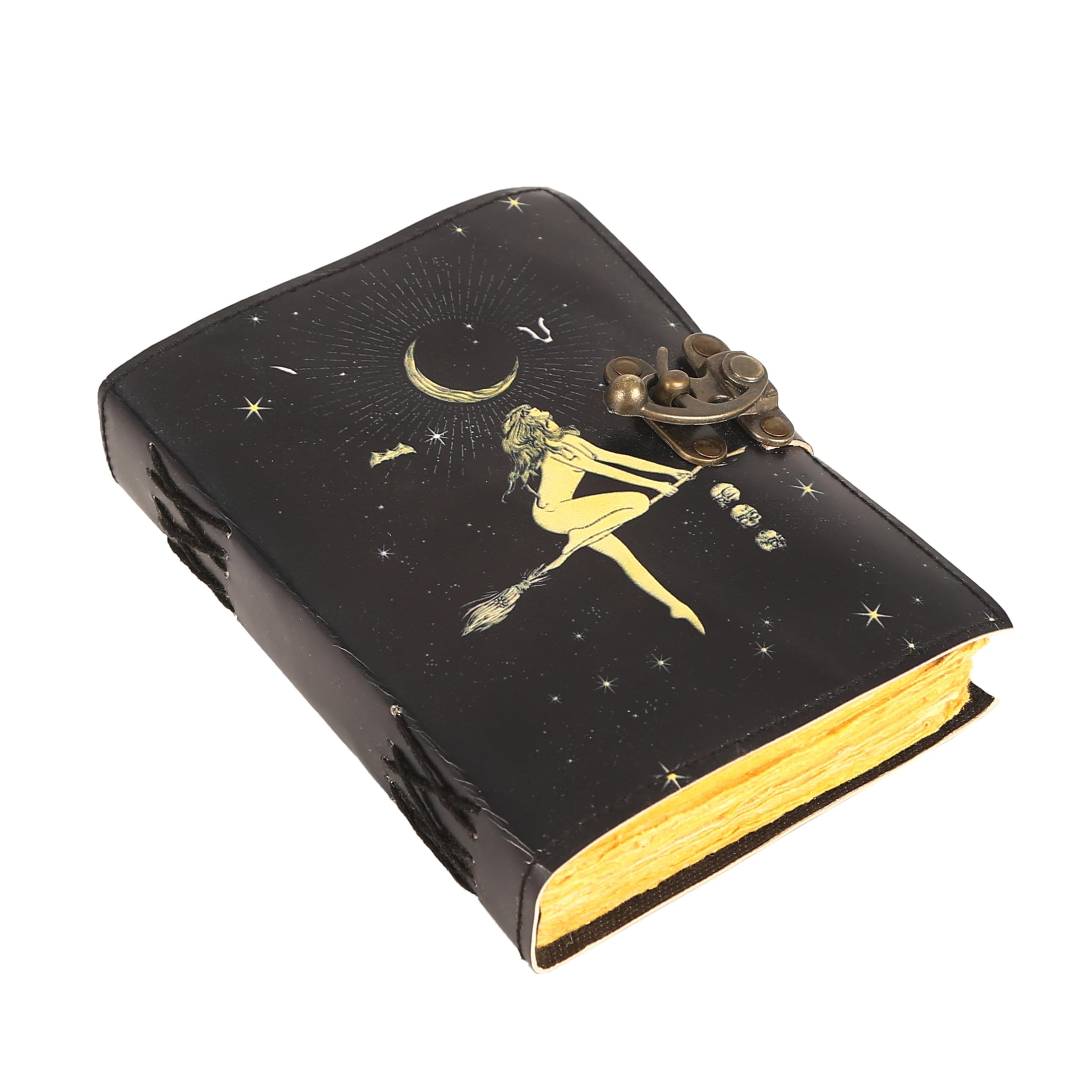 Tuzech Book Of Spells Leather Bound Journal Celestial Sun & Moon Deckle Edge Paper Grimoire Moon Phase Totem Talisman Printed Di