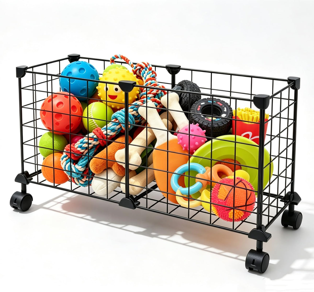 Metal Storage Basket with Wheels, Rolling Utility Cart for Dog Toys, Blankets & Sports Equipment, Mobile Tote Bin for Home, Gara
