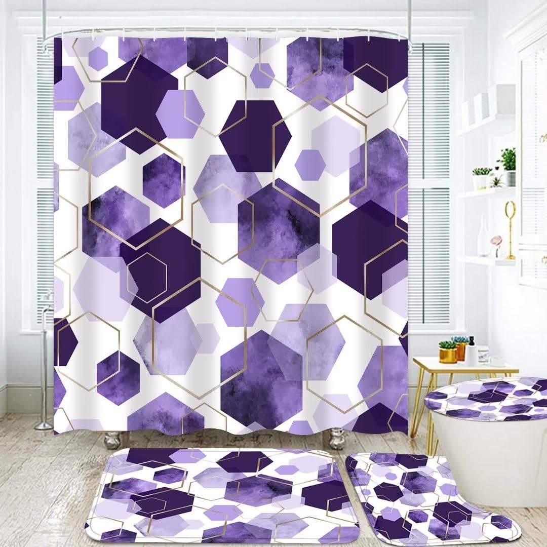 LQCOOL 4Pcs Purple Shower Curtain Set Marble Grain Geometric Bathroom Set Lavender Abstract Bathroom Curtain Set with 12 Hooks, 