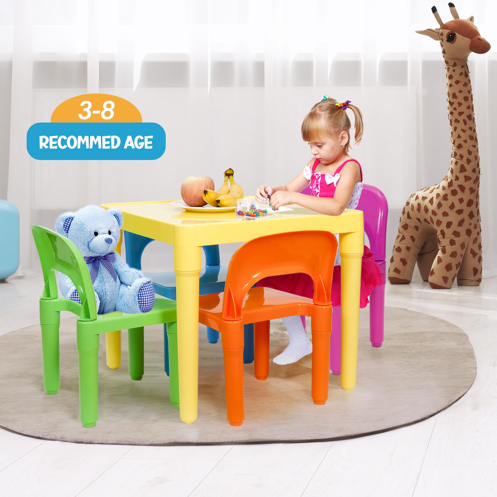 Zeny Kids Plastic Table And 4 Chairs Set, Multicolor Play Room Furniture For Reading, Train, Art, Crafts
