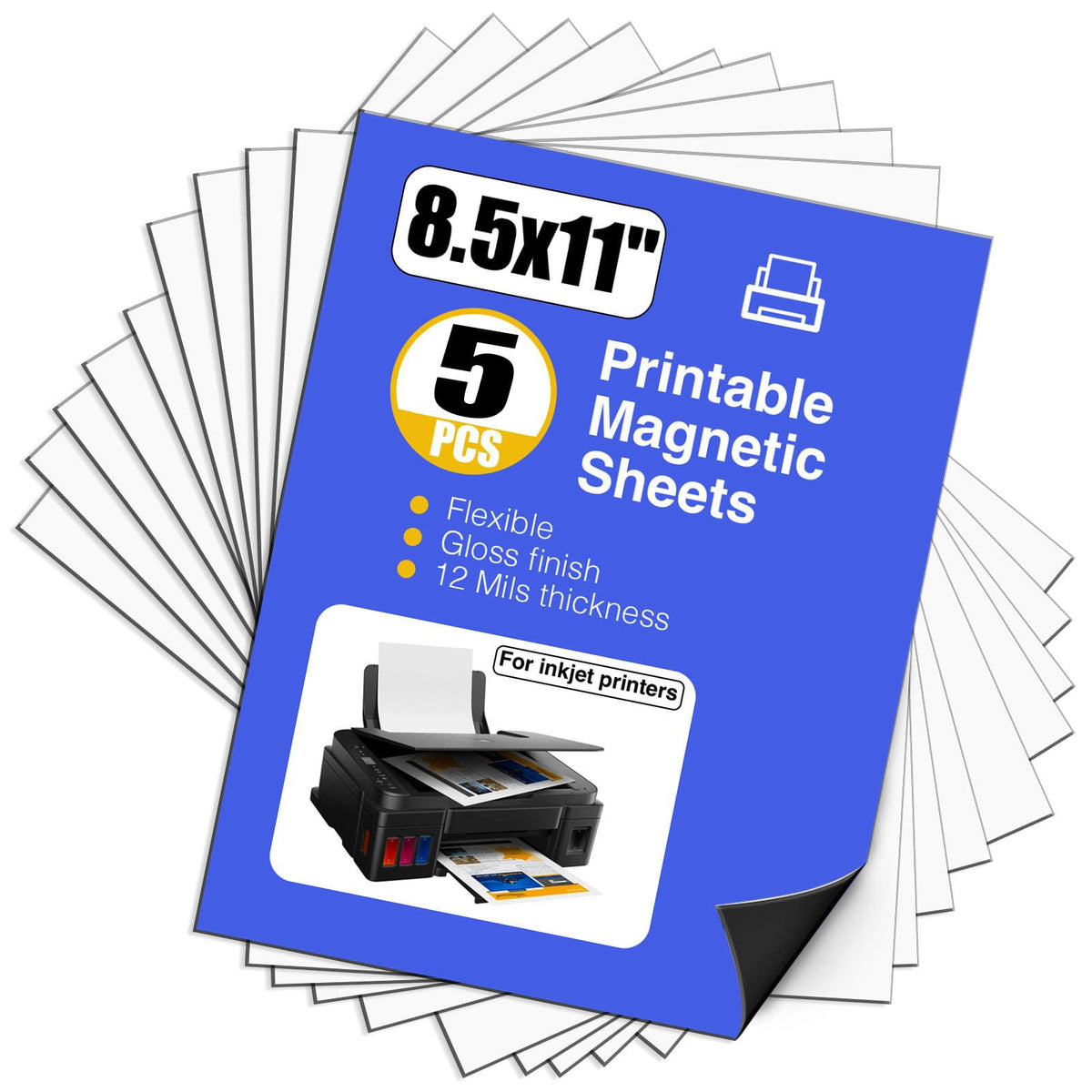 Jingzhan Printable Magnetic Paper,Non Adhesive,12 Mils Thick Magnet Glossy Sheets For Inkjet Printer In Office,5 Sheets Flexible
