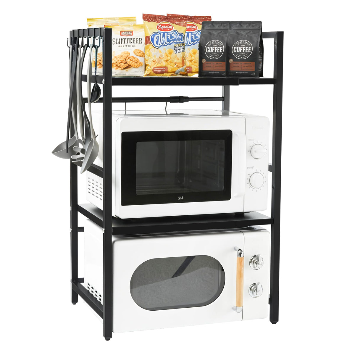 Expandable 3Tier Microwave Rack with 6 Hooks, Adjustable Storage Shelf